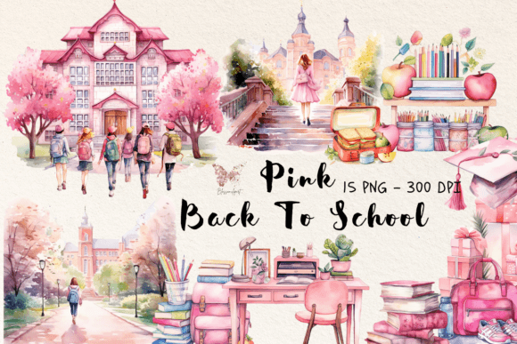 Pink Back to School Watercolor Cliparts
