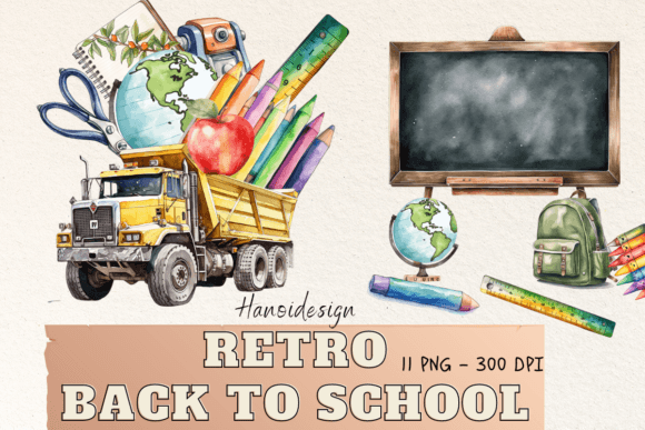 Retro Back to School Watercolor Clipart