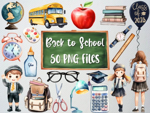 Watercolor Back to School Clipart,50 PNG